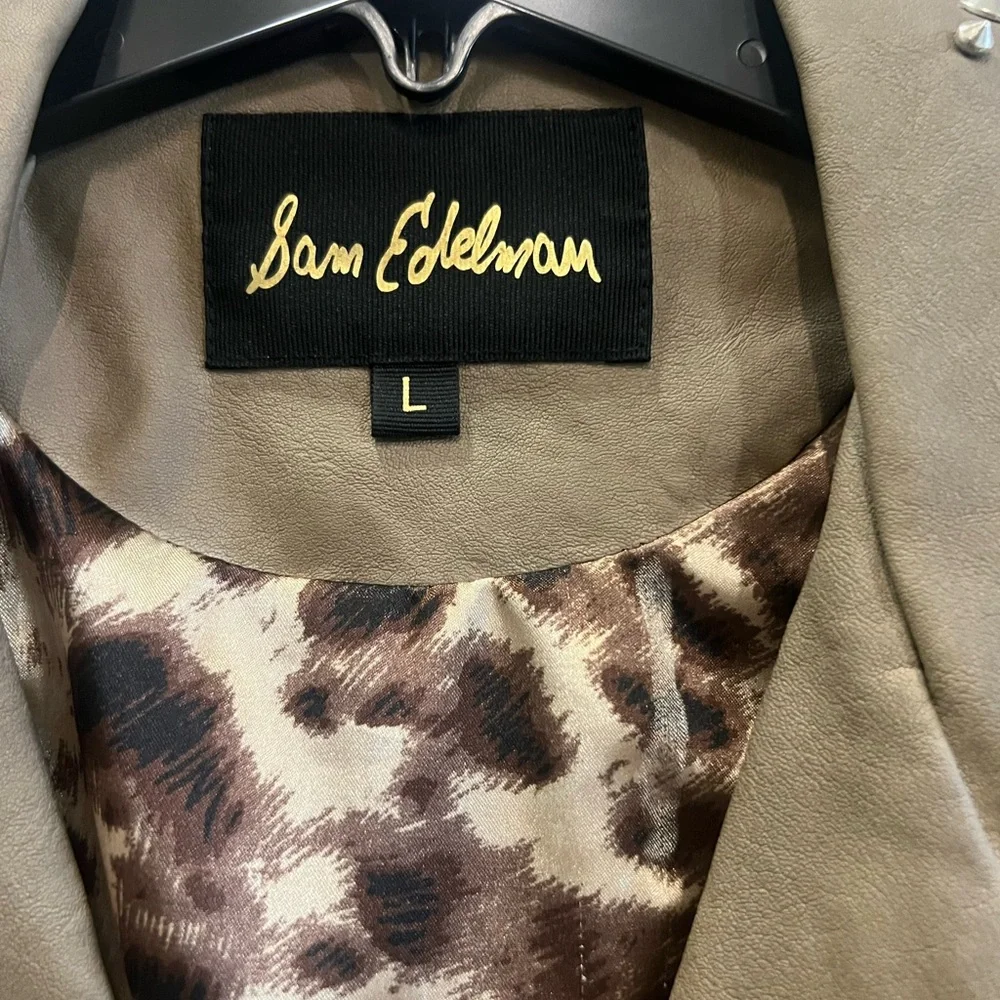 Sam Edelman Studded Distressed Tan/Brown Moto Jacket With Leopard Print Lining